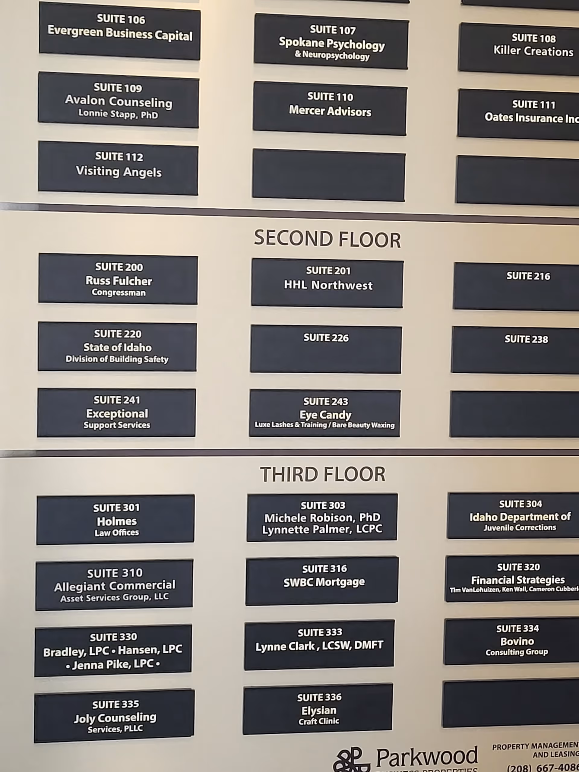Interior wall directory with suite plaques and floor labels in a building hallway.