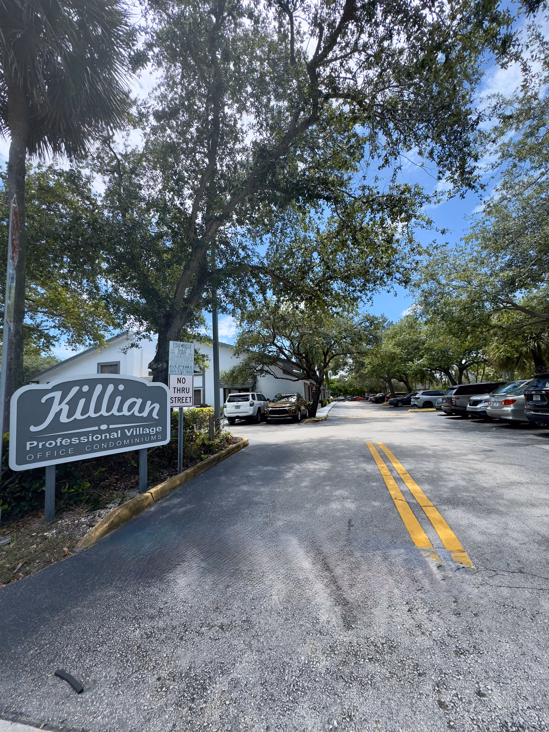 Tree-lined street toward a low building with a large sign and parked cars.