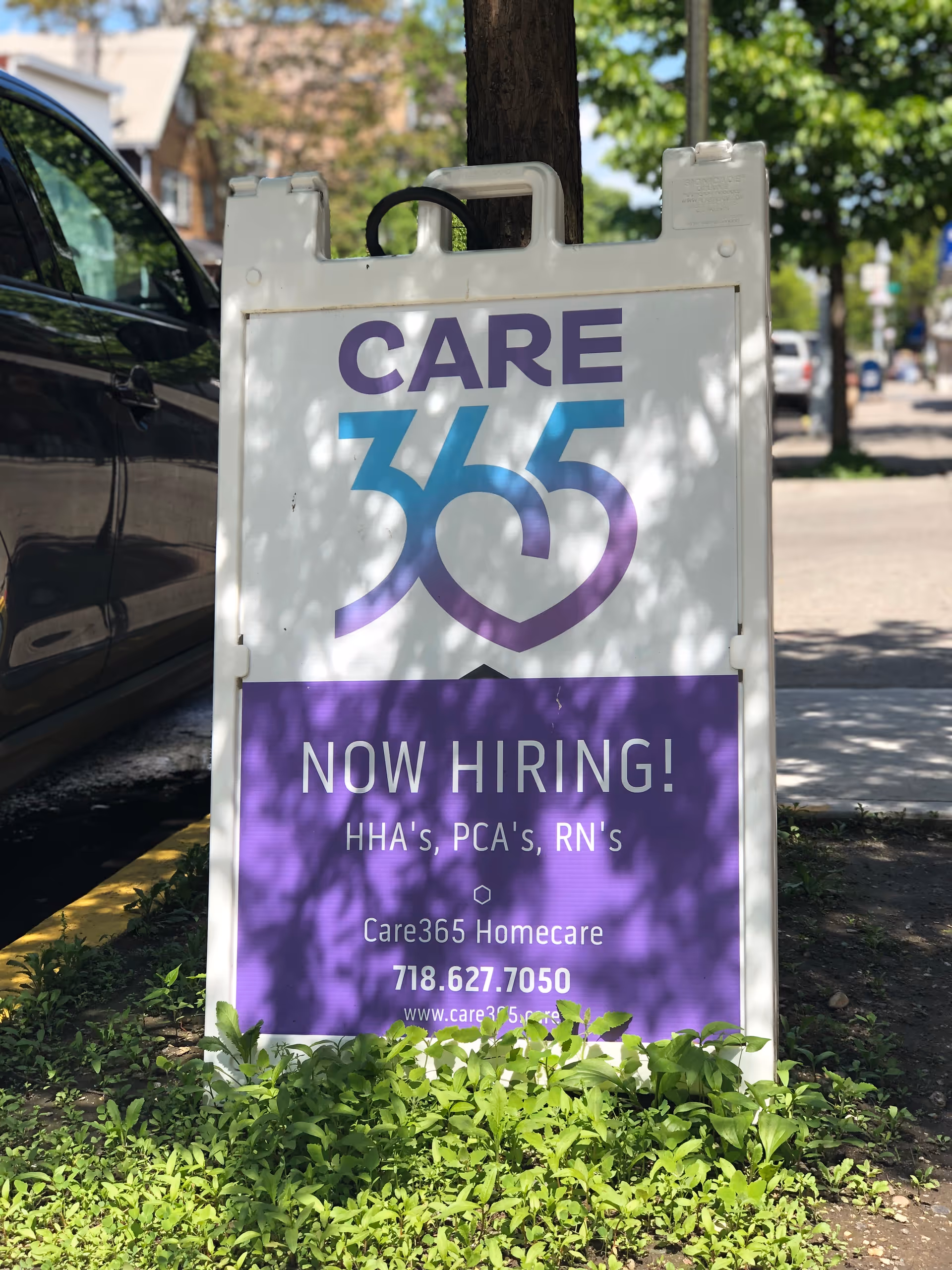 Outdoor sidewalk sign for Care365 Now Hiring with purple panel, trees and a car nearby.
