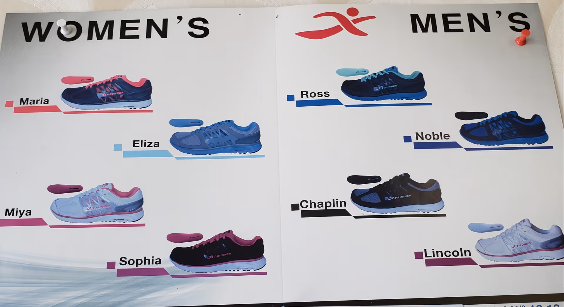 Wall sign displays women's and men's athletic shoes with names and colored bars.