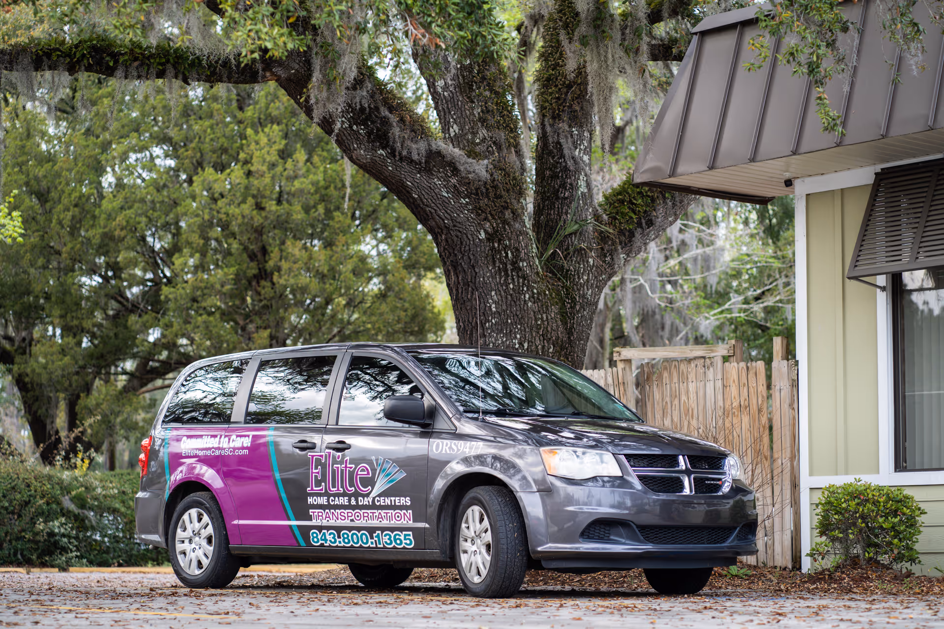 Grey Elite Home Care and Day Centers van parked outside a building under a large tree.