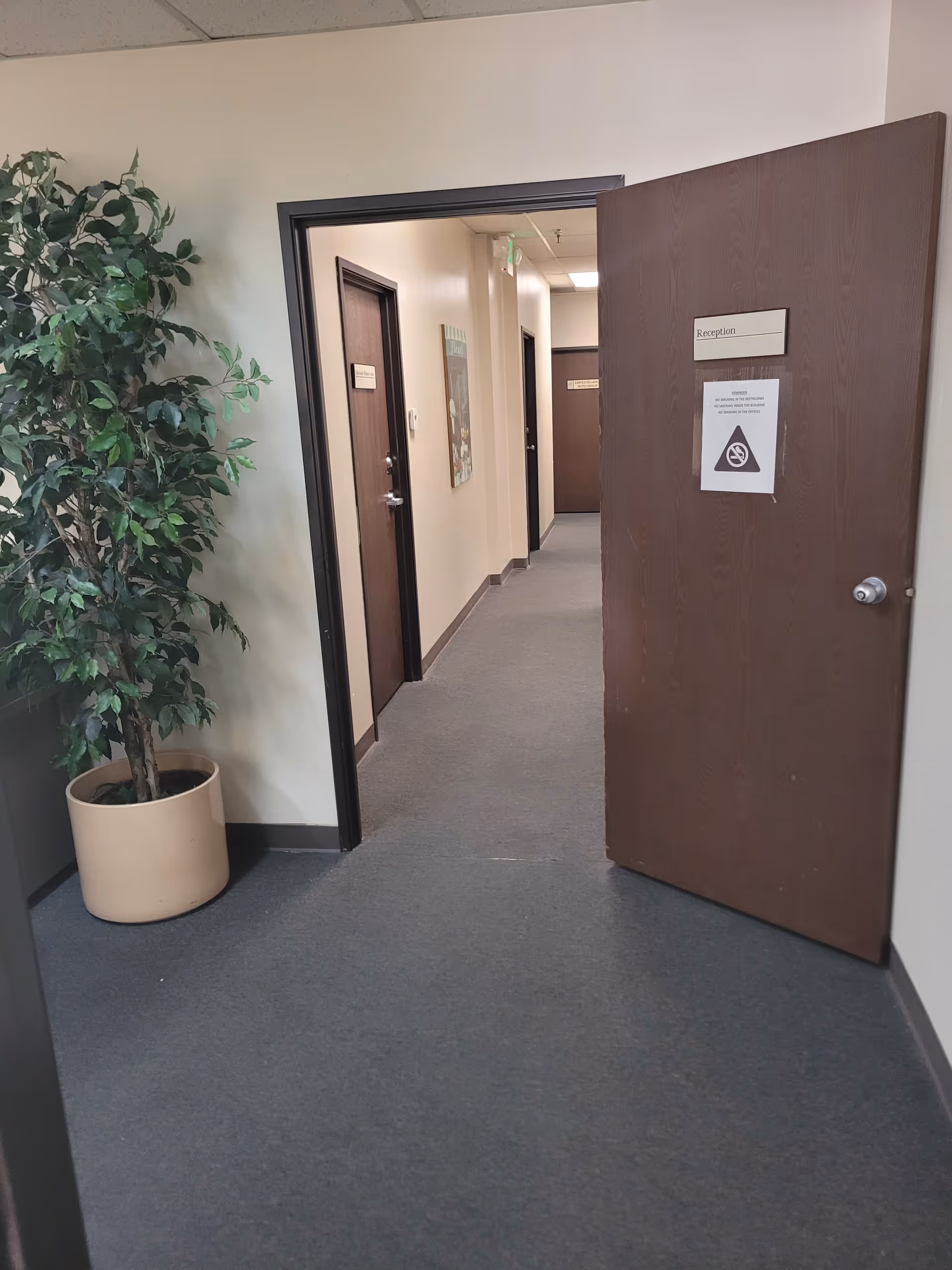 Open doorway reveals a hallway with a potted plant and several closed doors.