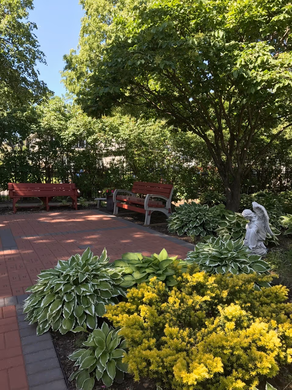 A sunny outdoor courtyard with red benches, brick path, and lush greenery.