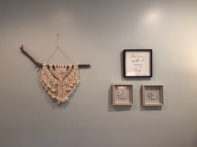 Gray wall with a macrame hanging on a branch and two framed decorations