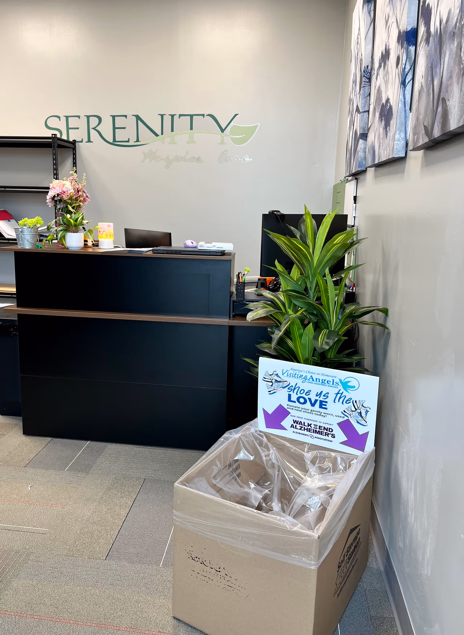 Reception desk in Serenity lobby with plants and a large trash bin near the wall.