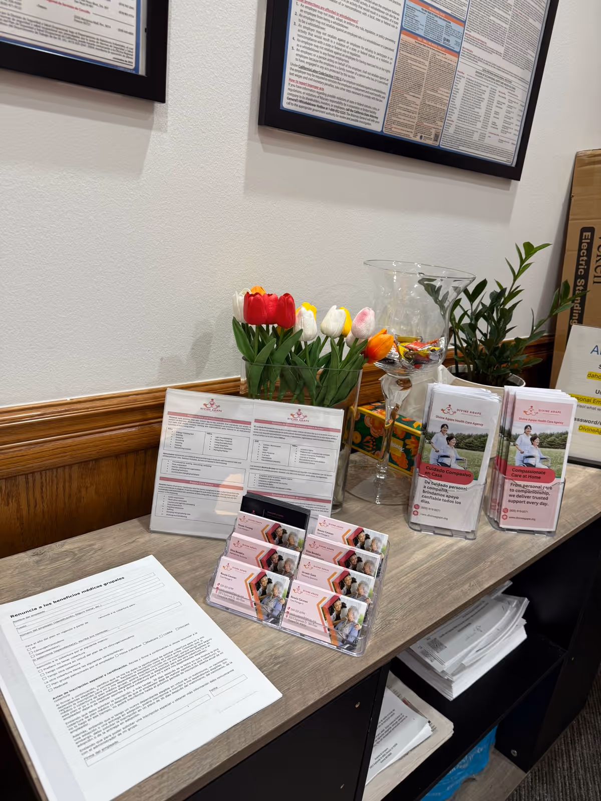 Lobby desk with brochures, tulips, and framed notices on a white wall.
