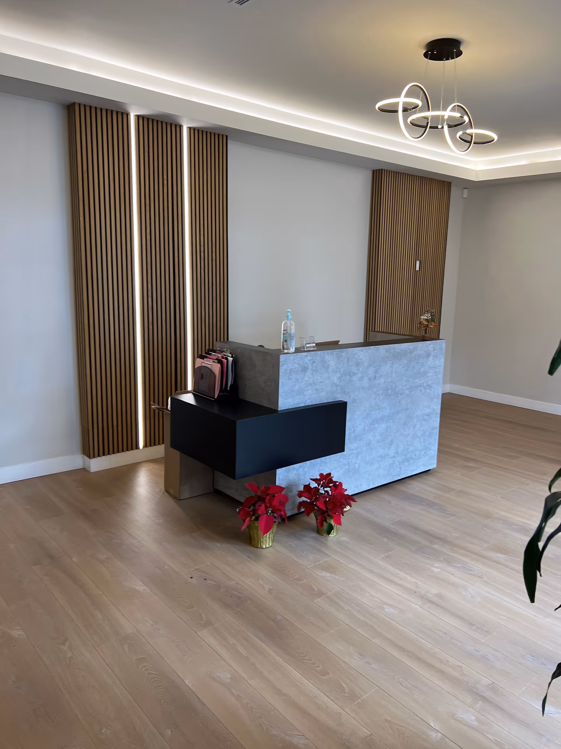 Modern reception area with a textured desk, wood slat panels, and poinsettia plants.