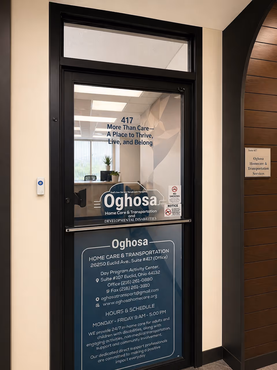 Glass door entrance shows Oghosa Home Care signage and a visible office interior.