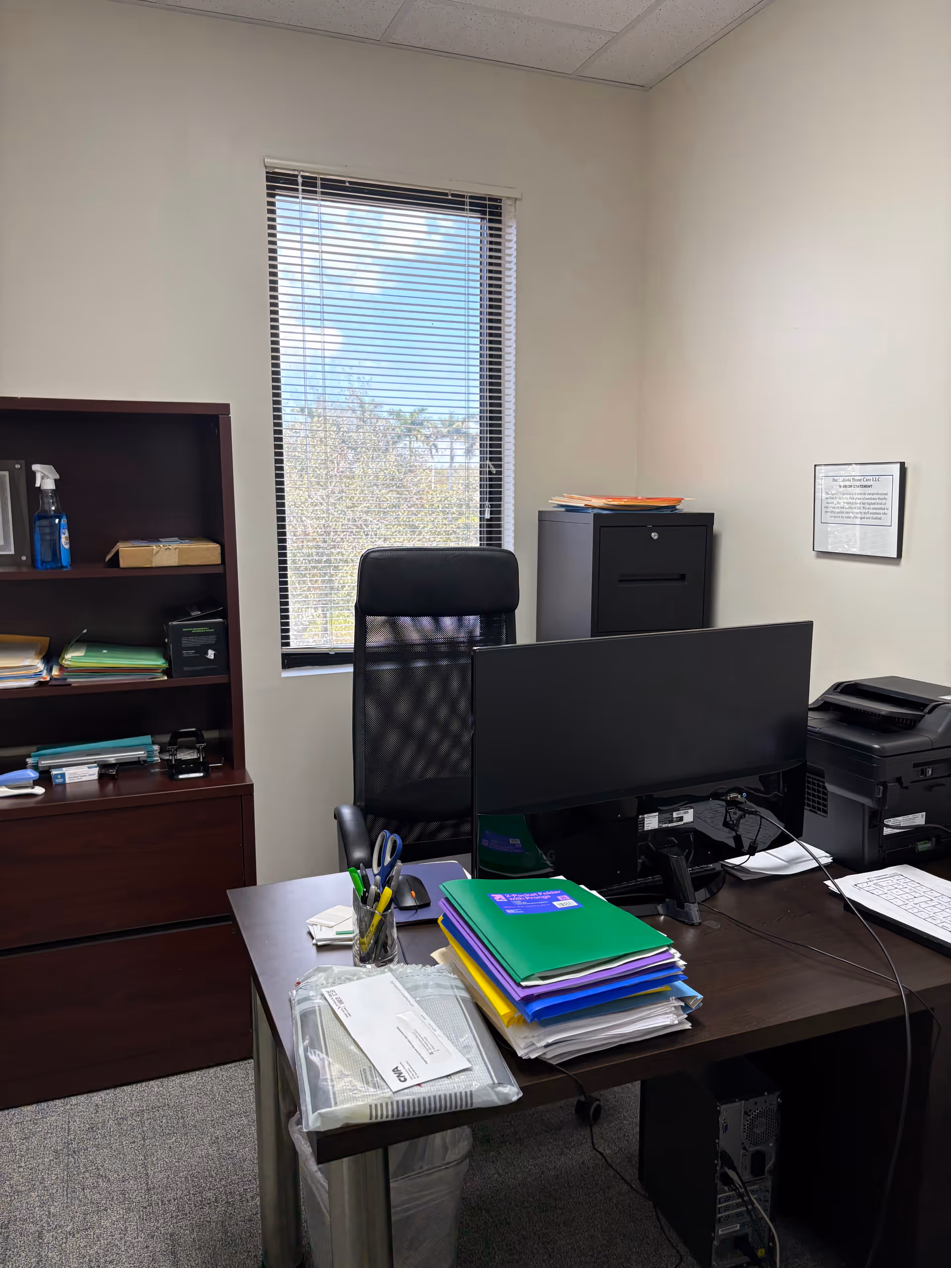Office workspace with desk, computer monitor, shelves, and filing cabinet by a window.