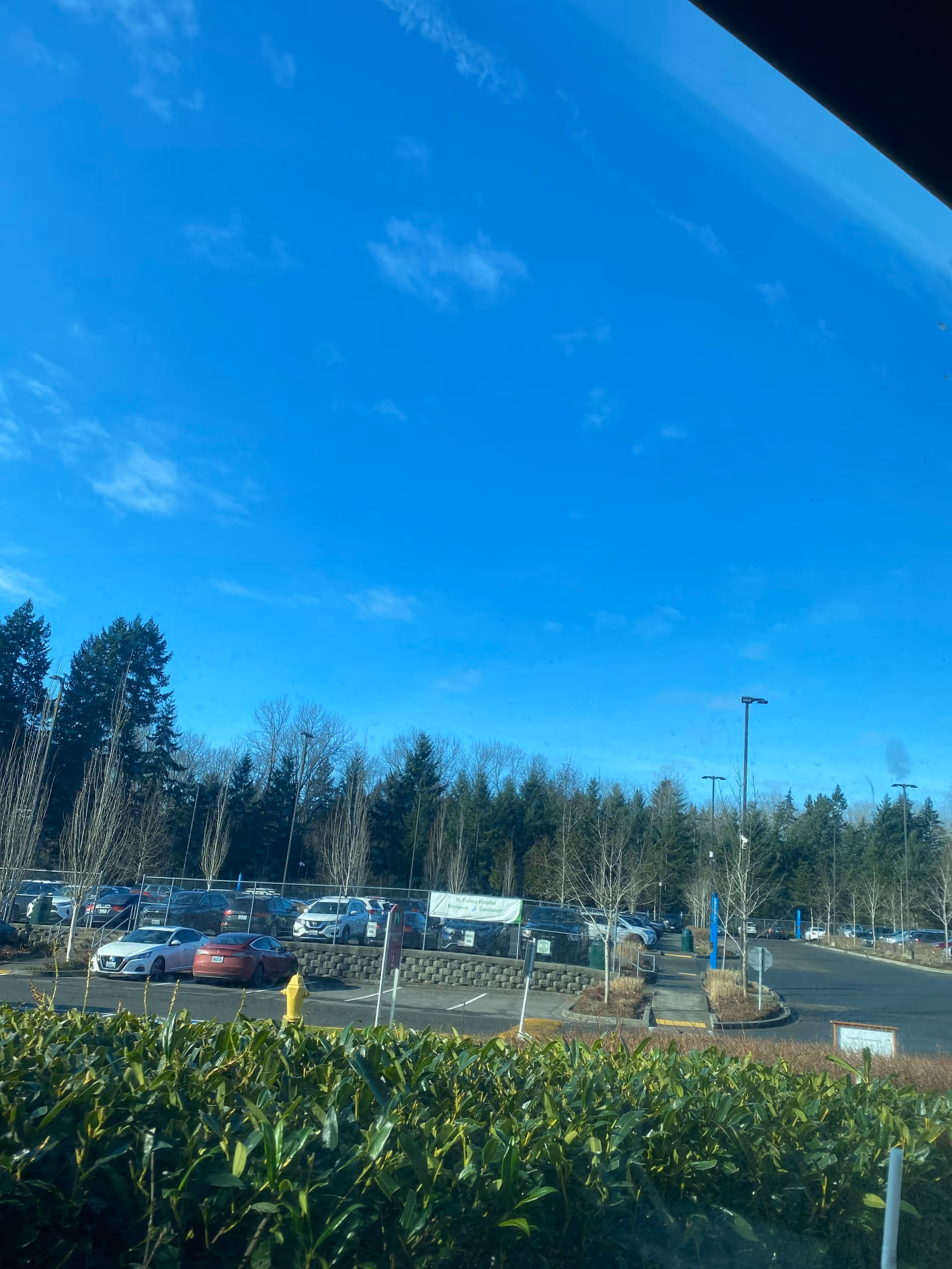 Bright blue sky over a hospital parking lot with cars and trees.