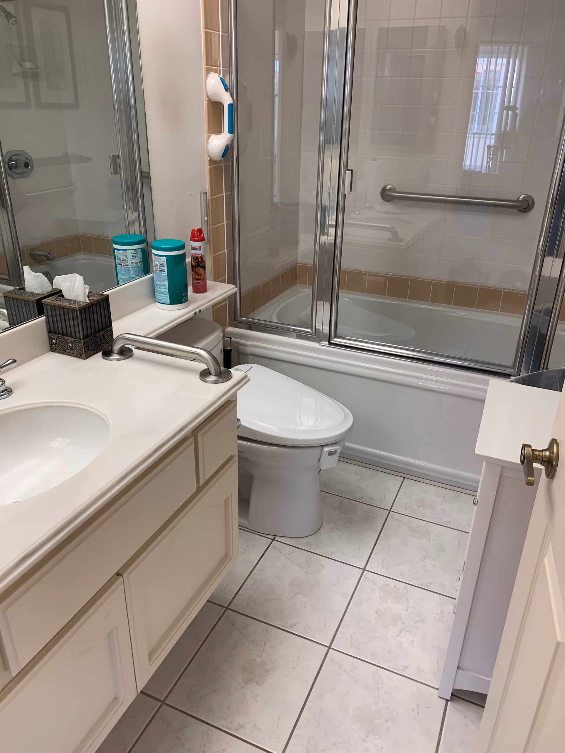 Bathroom with vanity, toilet, and glass shower with grab bars.