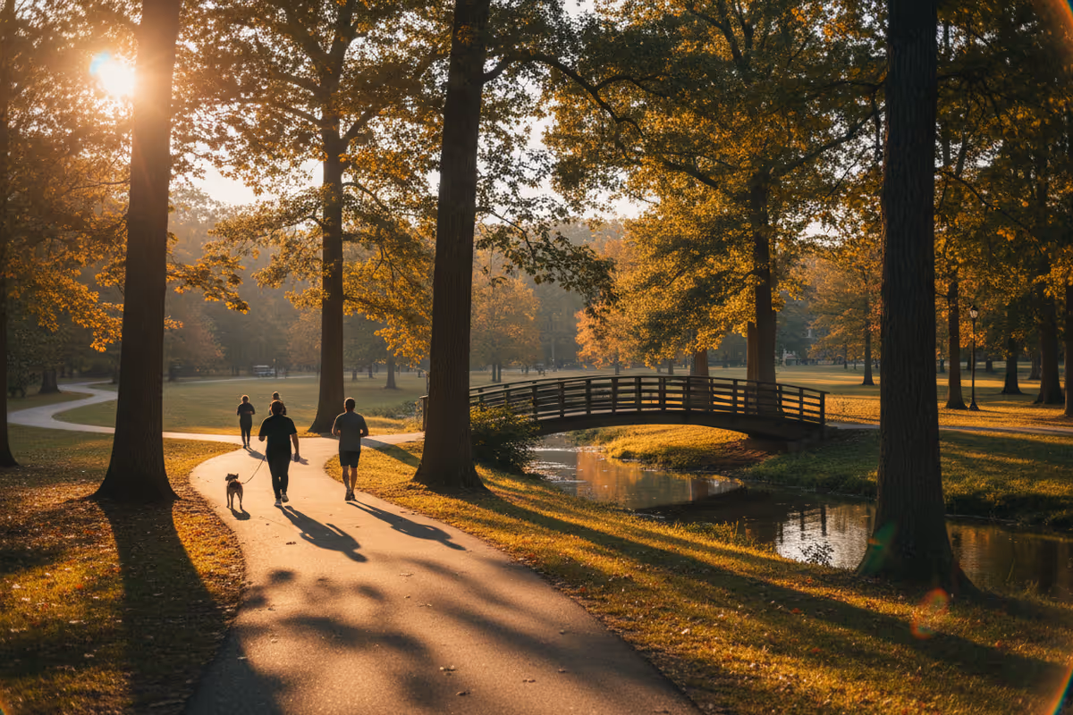 A park path at sunset with people walking a dog under trees and a small bridge.