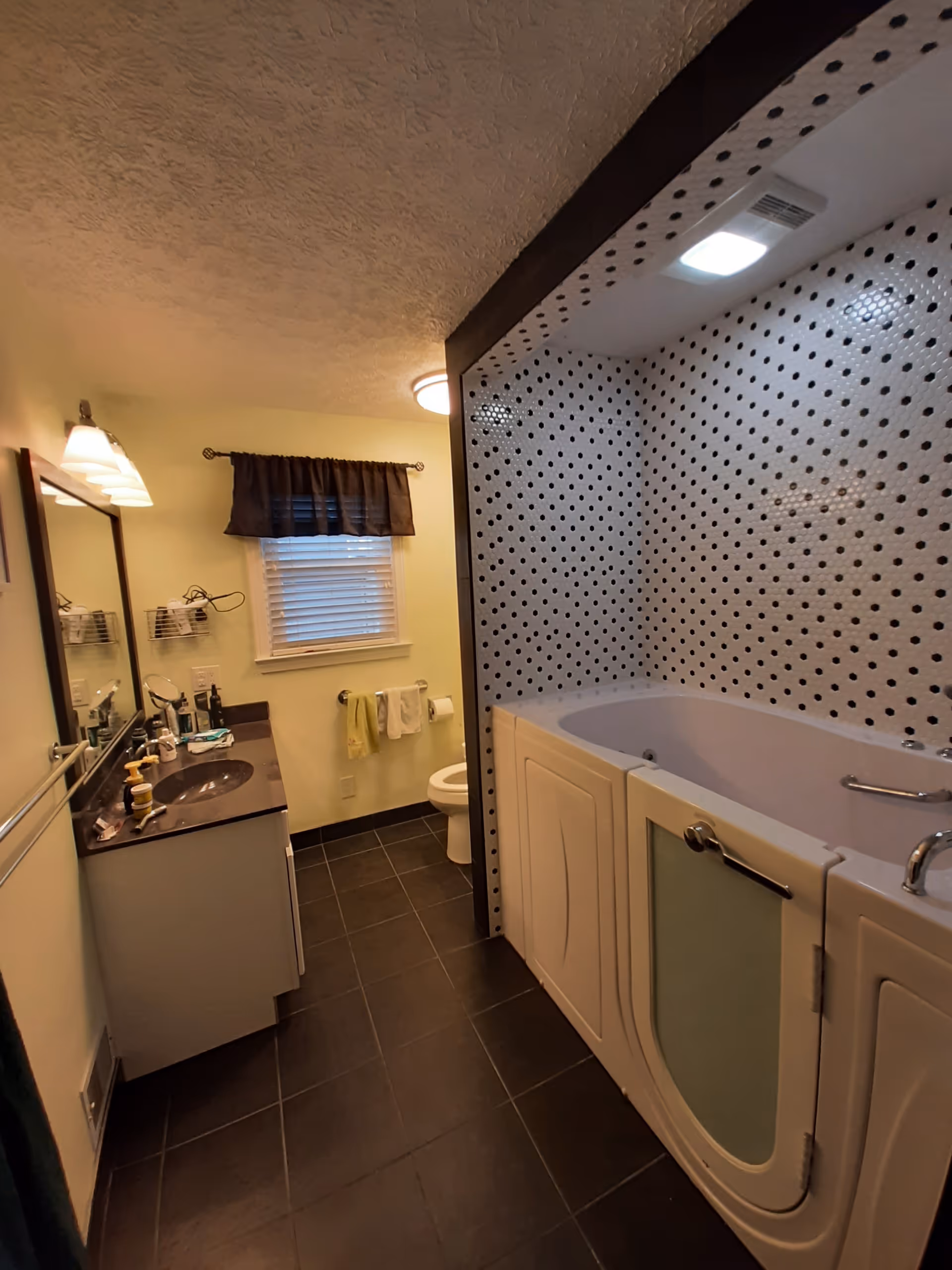 Bathroom with a double-sink vanity, toilet, and a large walk-in tub.
