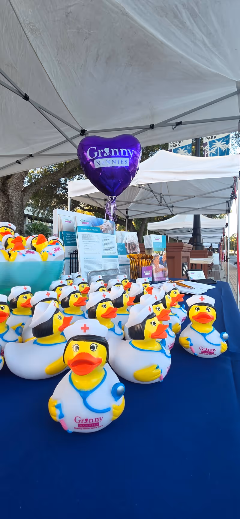 Outdoor booth with rubber duck nurse toys and a Granny Nannies balloon