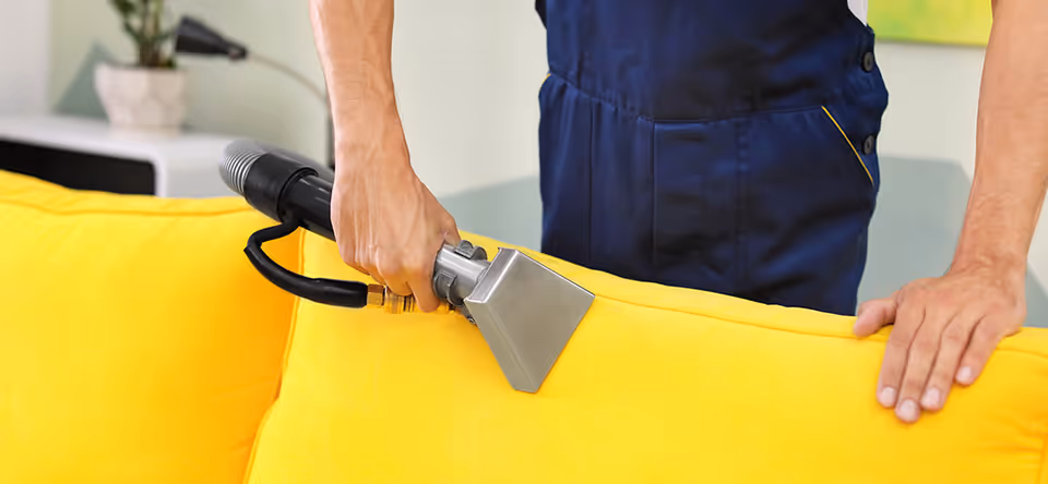 A technician cleans a bright yellow sofa with a handheld upholstery tool.