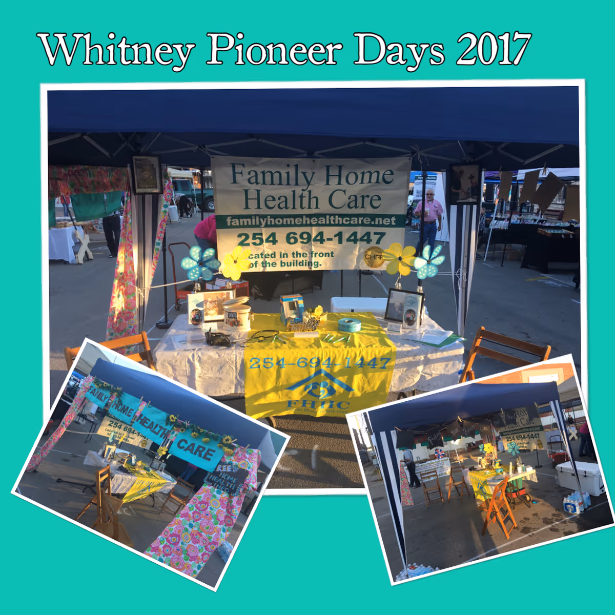Outdoor market booth promoting Family Home Health Care under a canopy with banners and a table.