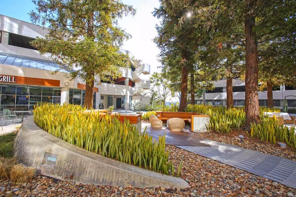 A modern senior living campus courtyard with trees, benches, and paved pathways.