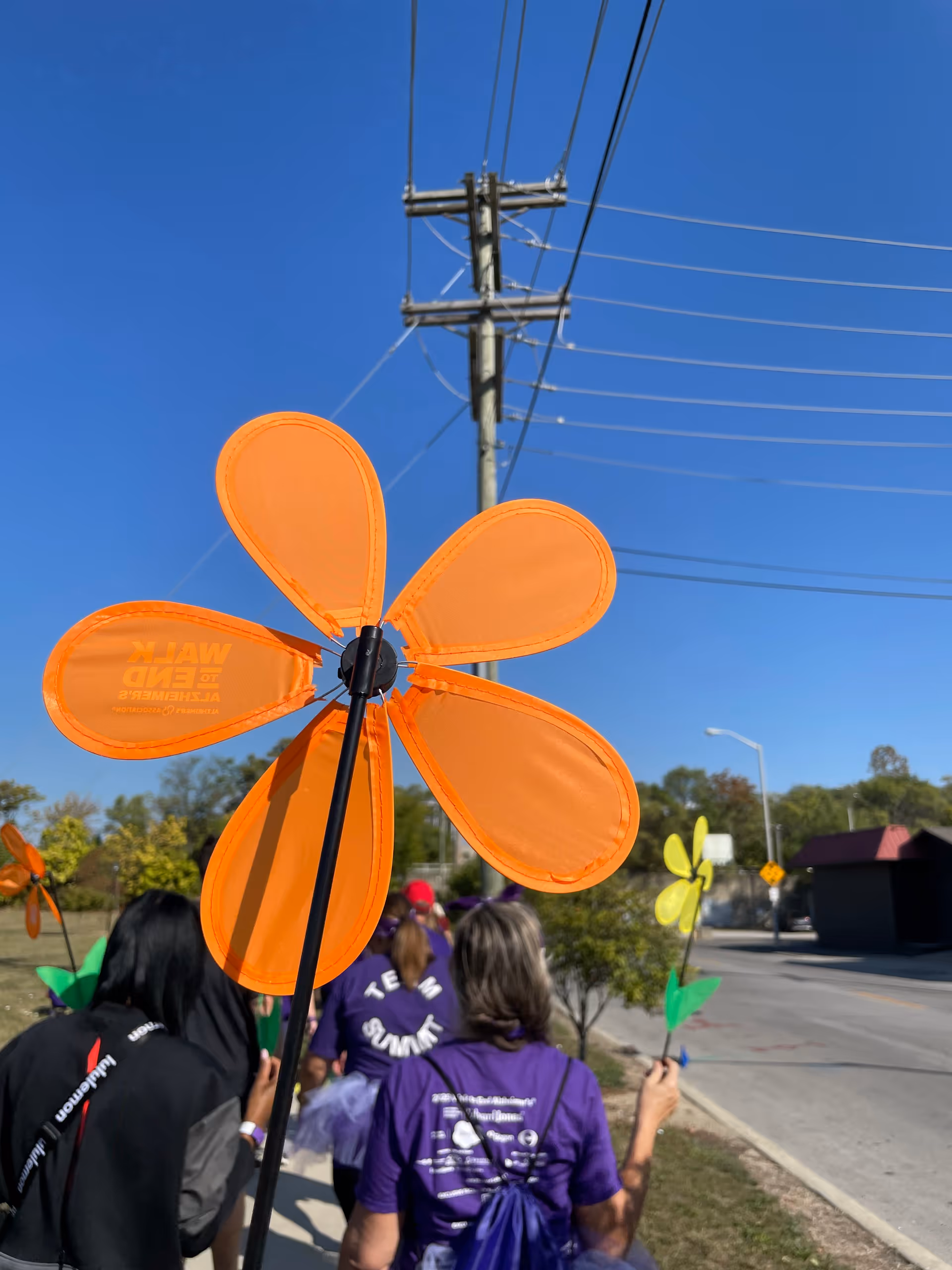 Outdoor sidewalk scene with orange flower pinwheels and people walking along a street.