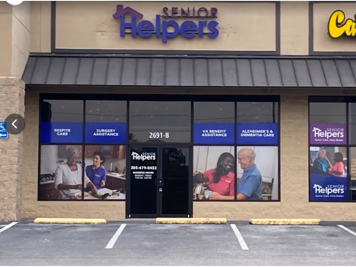 Exterior storefront for Senior Helpers with large windows and entrance doors.