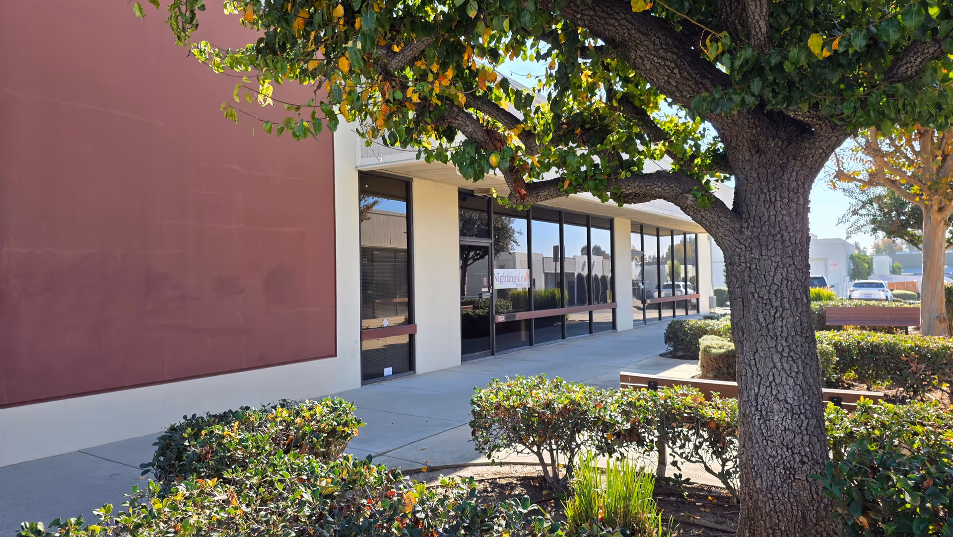 Exterior of Nightingale Senior Care facility with glass windows, sidewalk, tree, and shrubs.