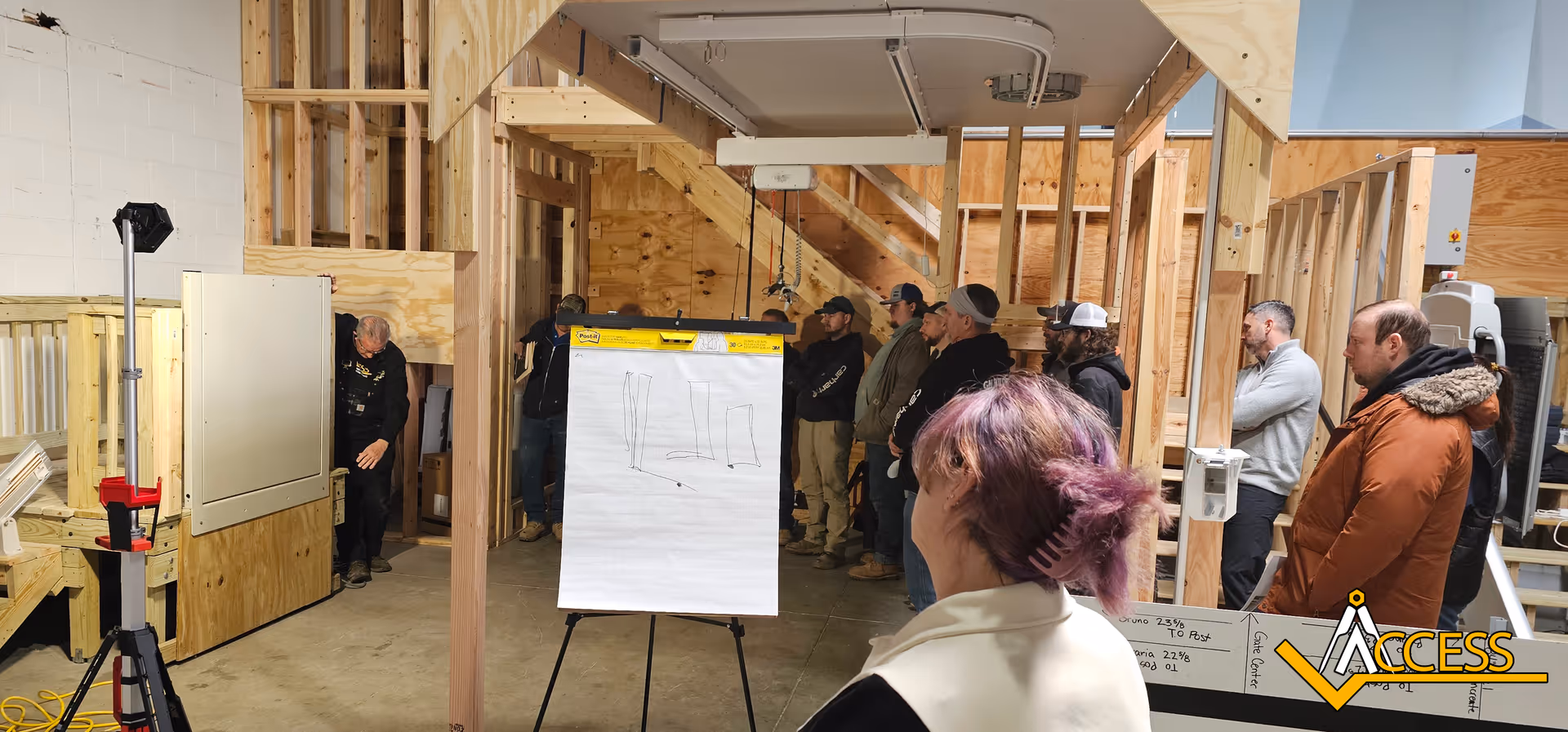 Group of workers stands around a flip chart in a partially constructed interior.