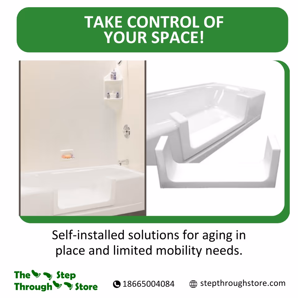 Advertisement showing bathroom safety aids and a walk-in tub from Step Through Store.