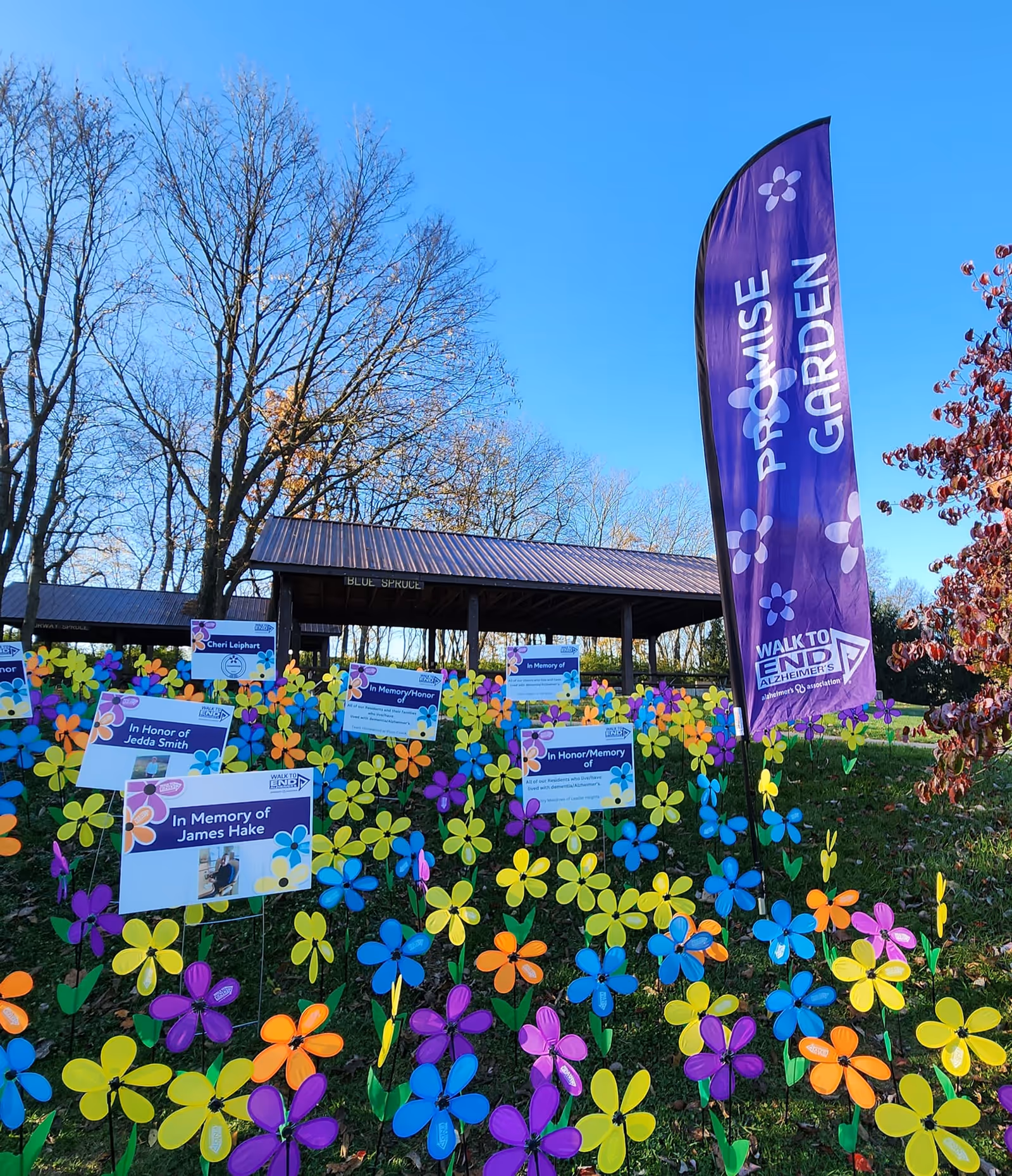Colorful pinwheels and memorial signs decorate an outdoor garden at a senior home.