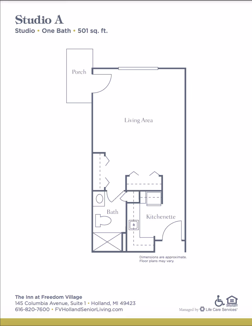 Floor plan for Studio A unit with porch, living area, bath, and kitchenette.