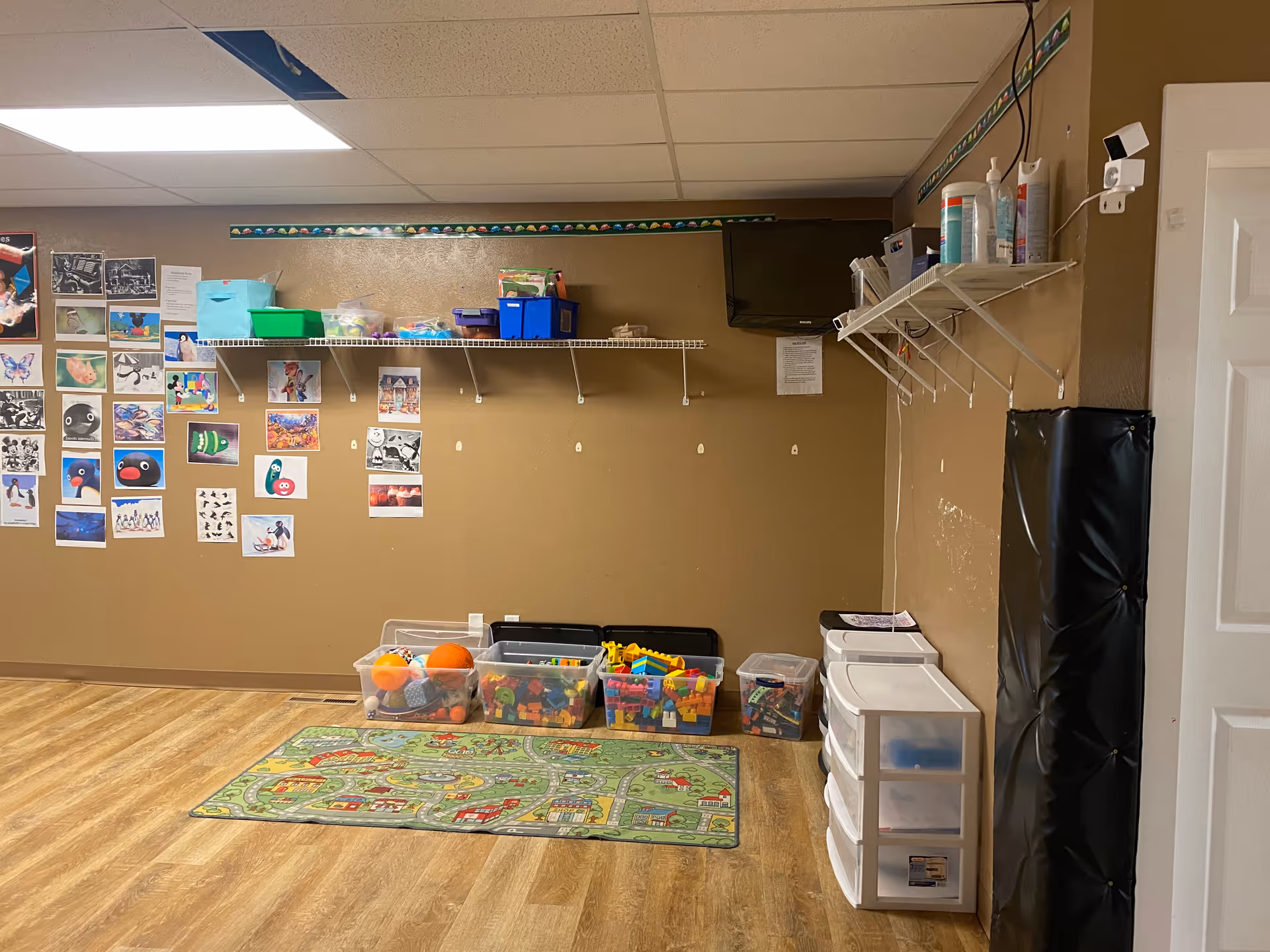 Interior playroom with toy bins, artwork on walls, and organized shelves.