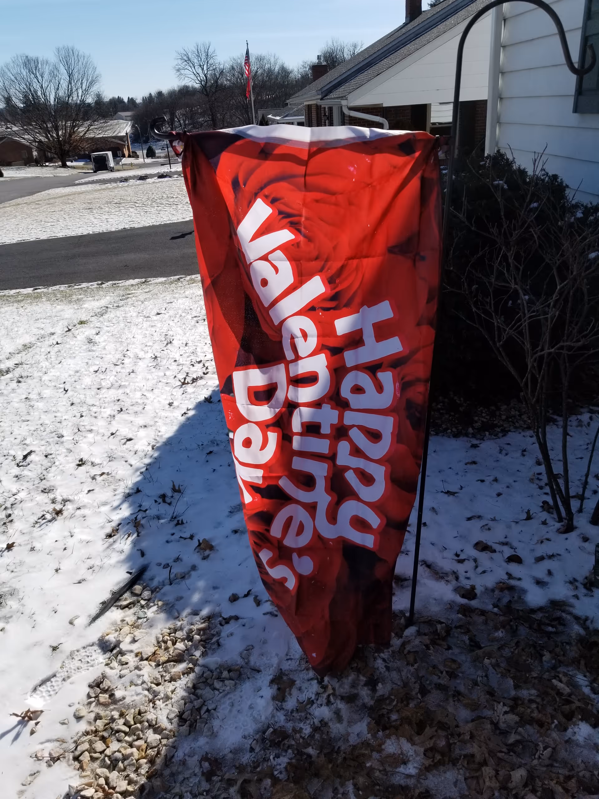 Tall red banner with white text stands outside a white house on snow.