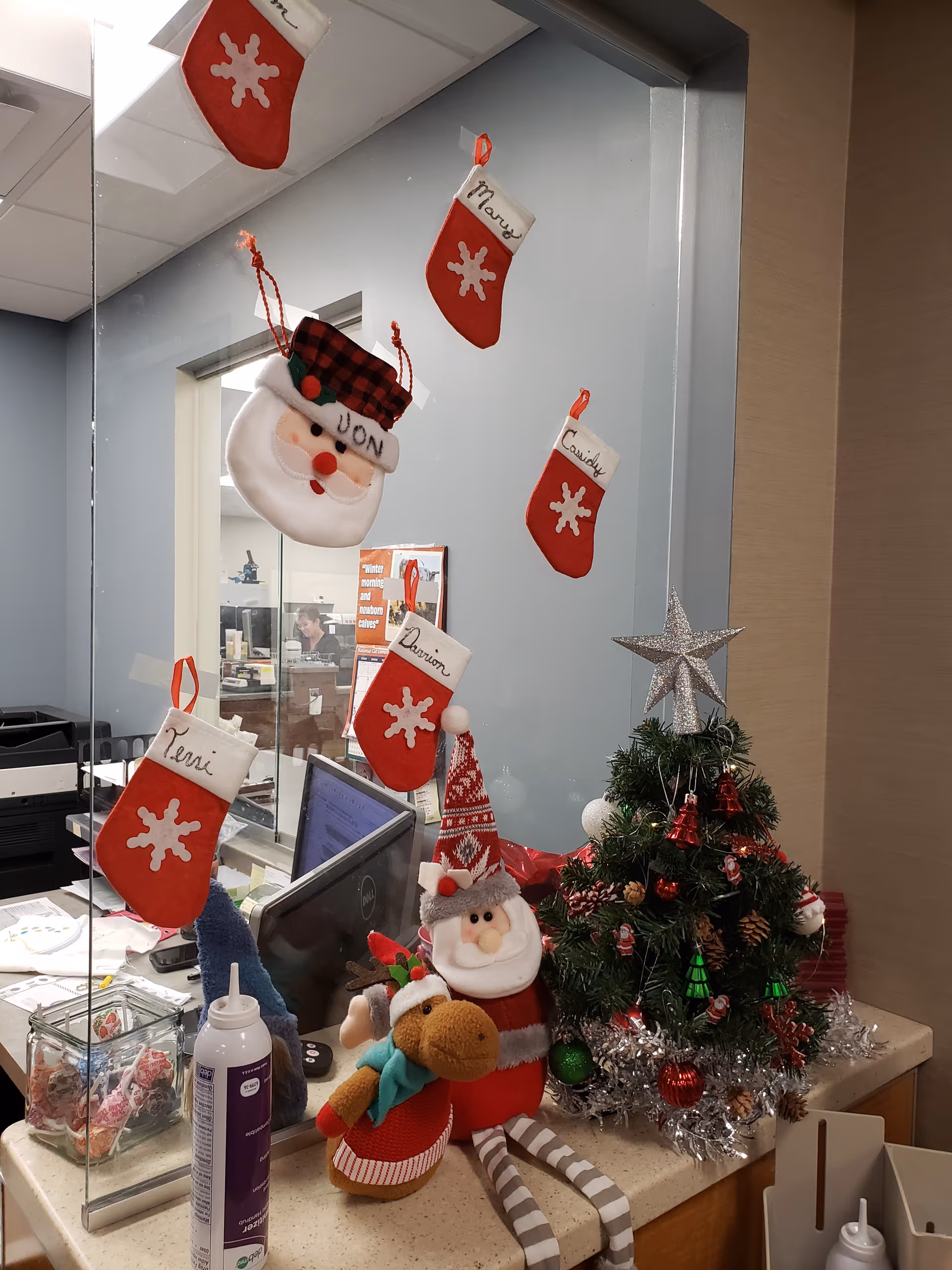 Shenandoah Medical Center lobby decorated with stockings, a Christmas tree, and Santa figures.