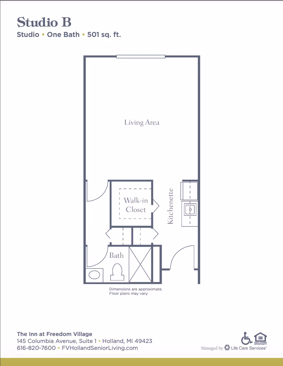 Layout floor plan showing living area, kitchenette, bath, and walk-in closet.
