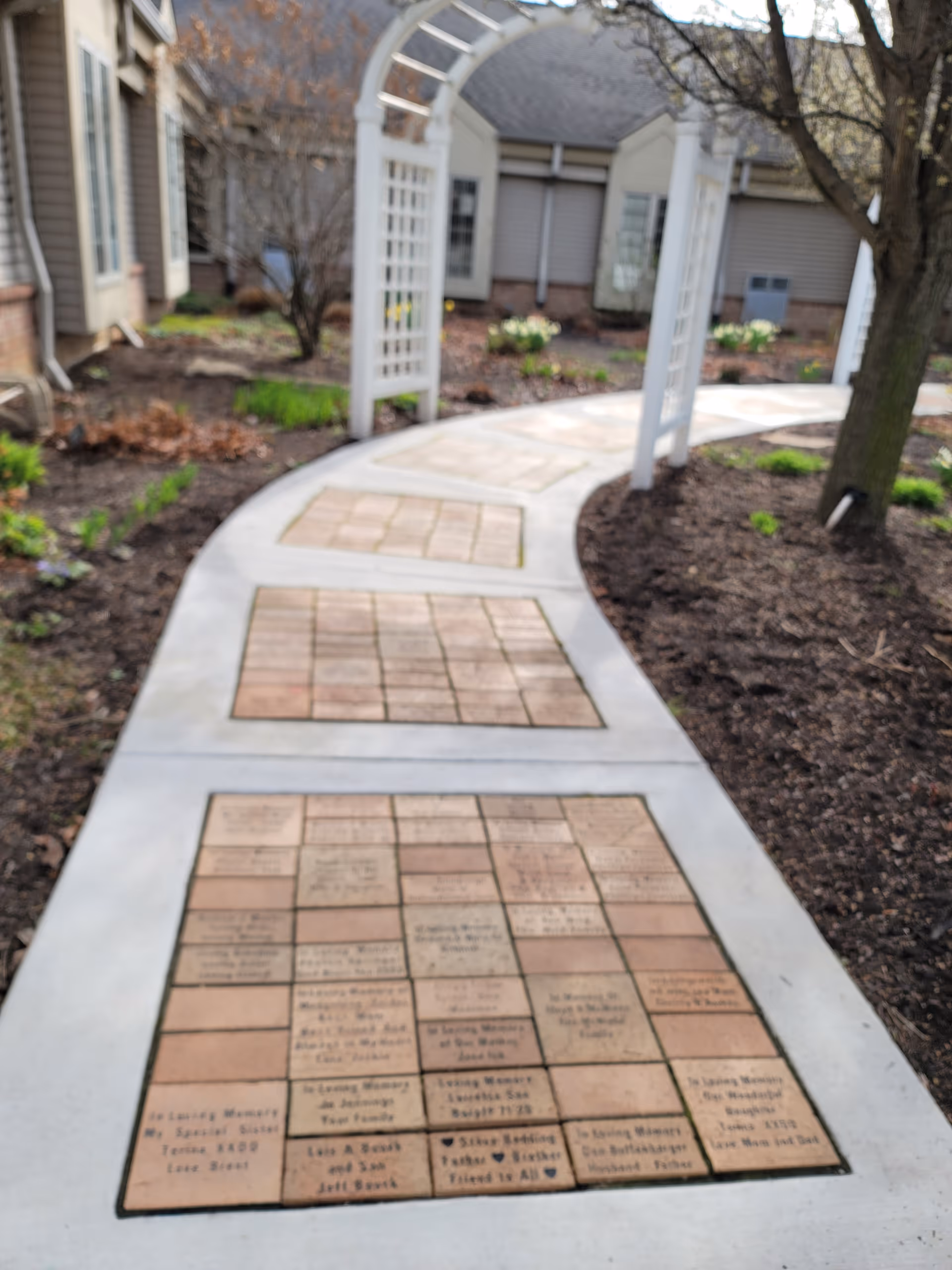 Curved concrete walkway with brick-inset tiles, white arched trellis, and landscaped garden outside building.