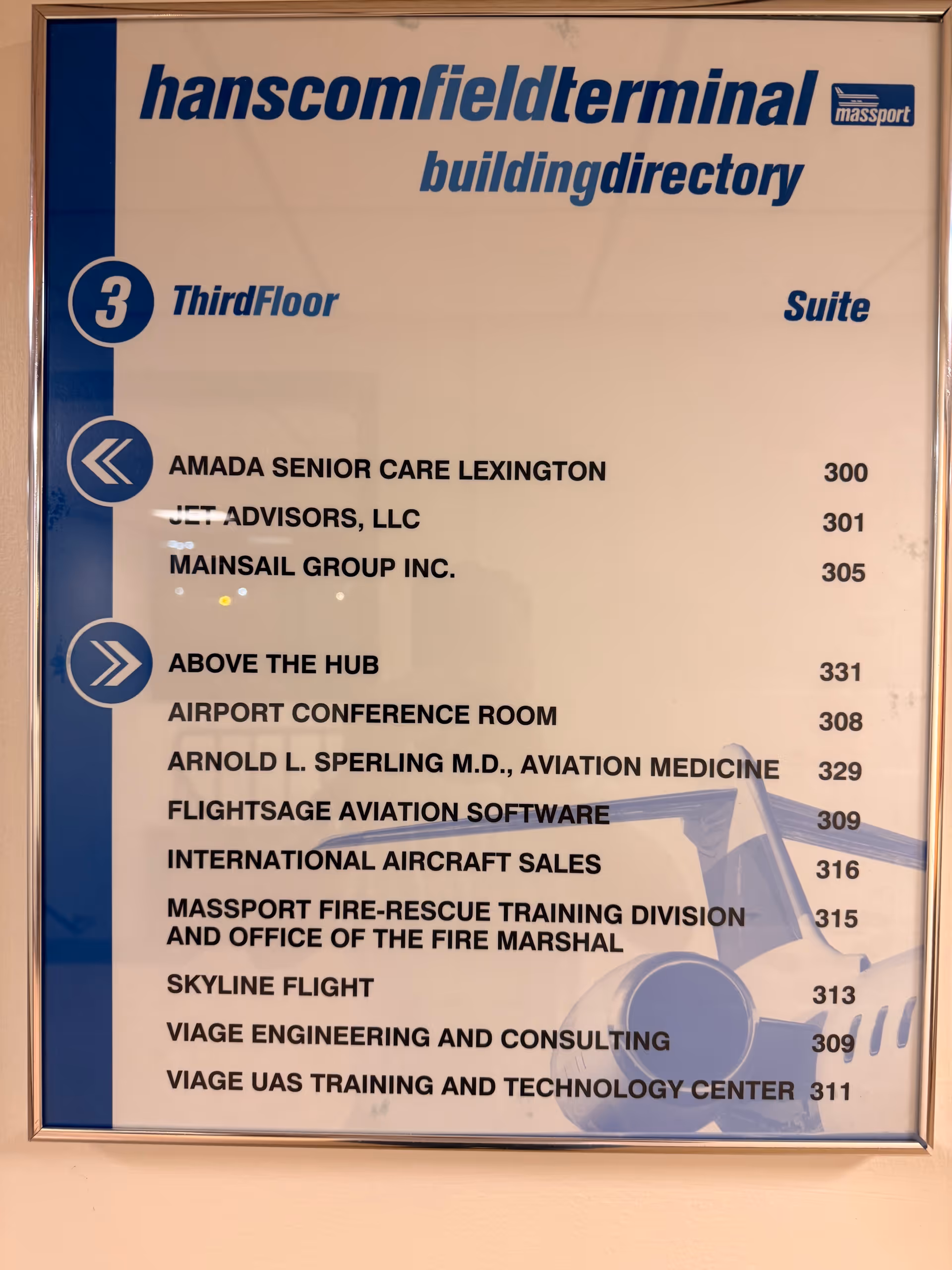 Interior building directory sign listing Amada Senior Care Lexington and other offices.