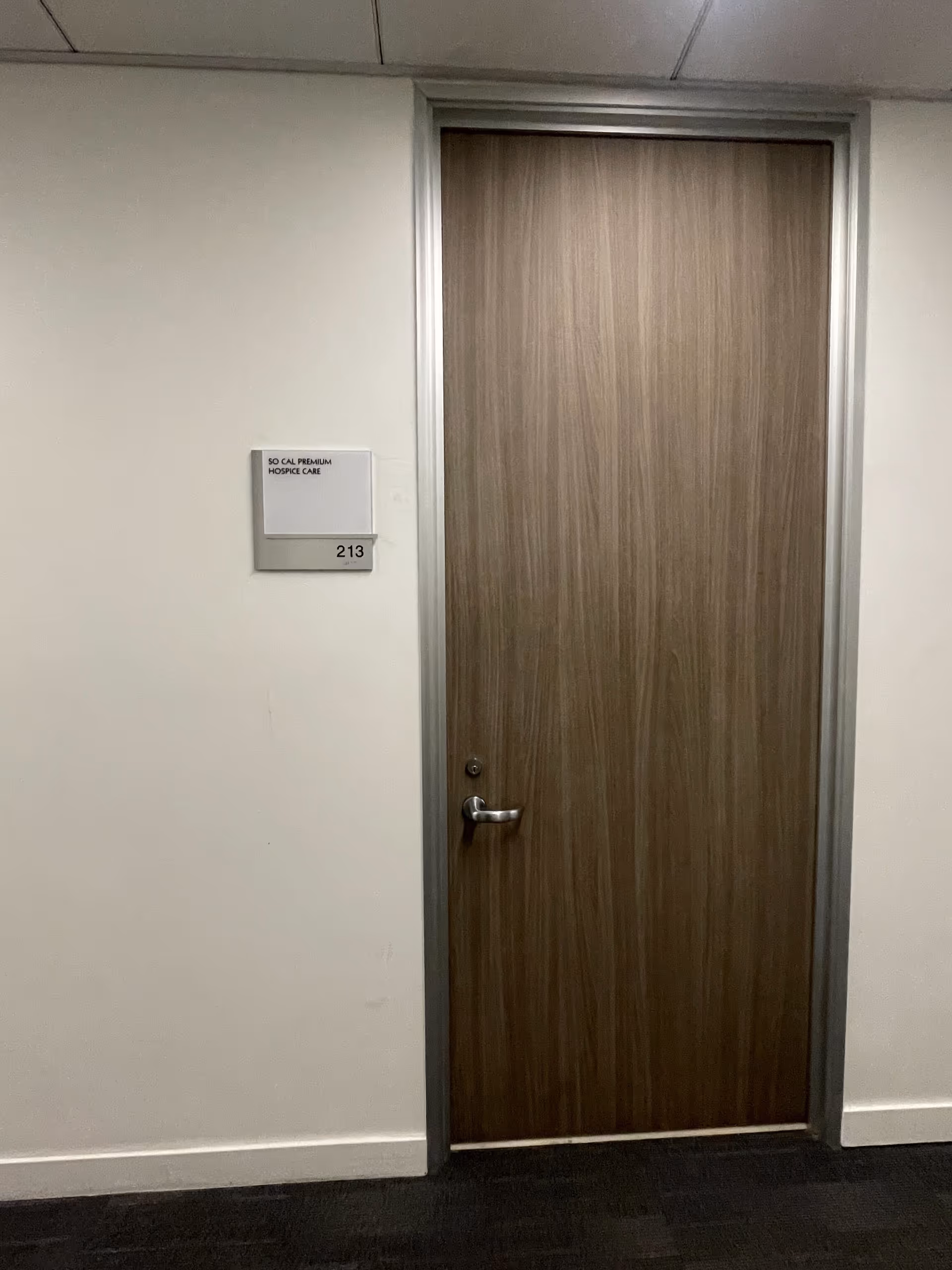 Wooden interior door in a beige hallway with a plaque and room number 213.
