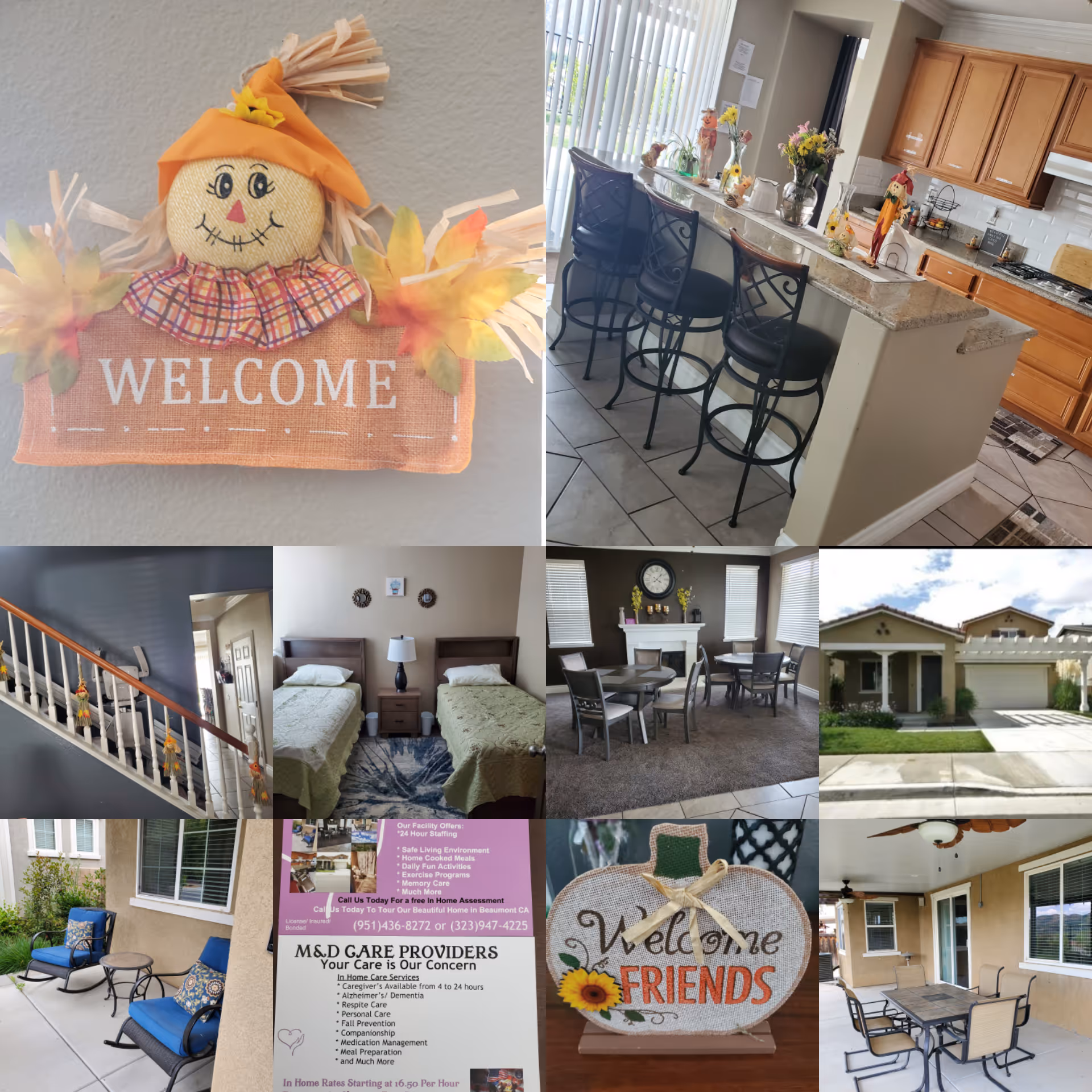Collage shows interior spaces (kitchen, bedrooms, dining) and exterior views of a senior facility.