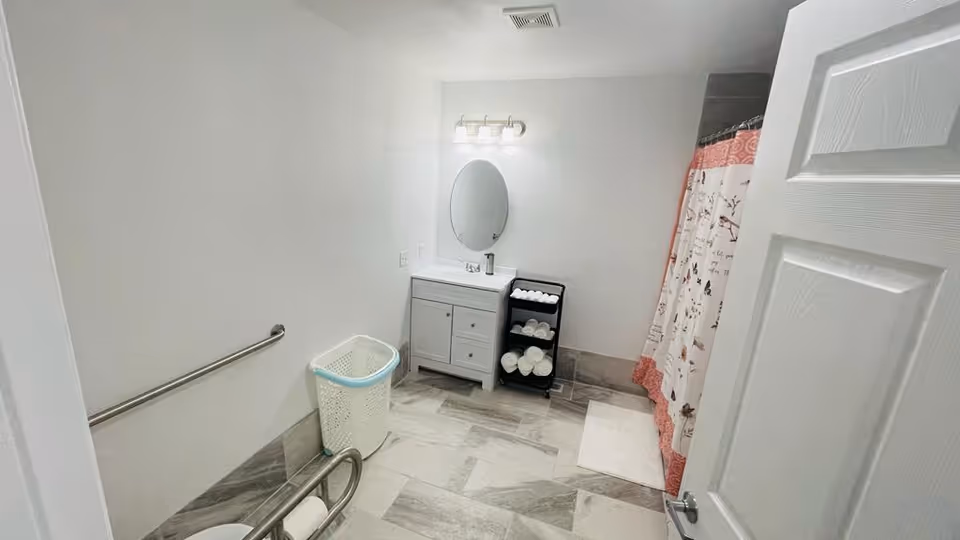 Bright accessible bathroom with sink, mirror, grab bars, and a patterned shower curtain.
