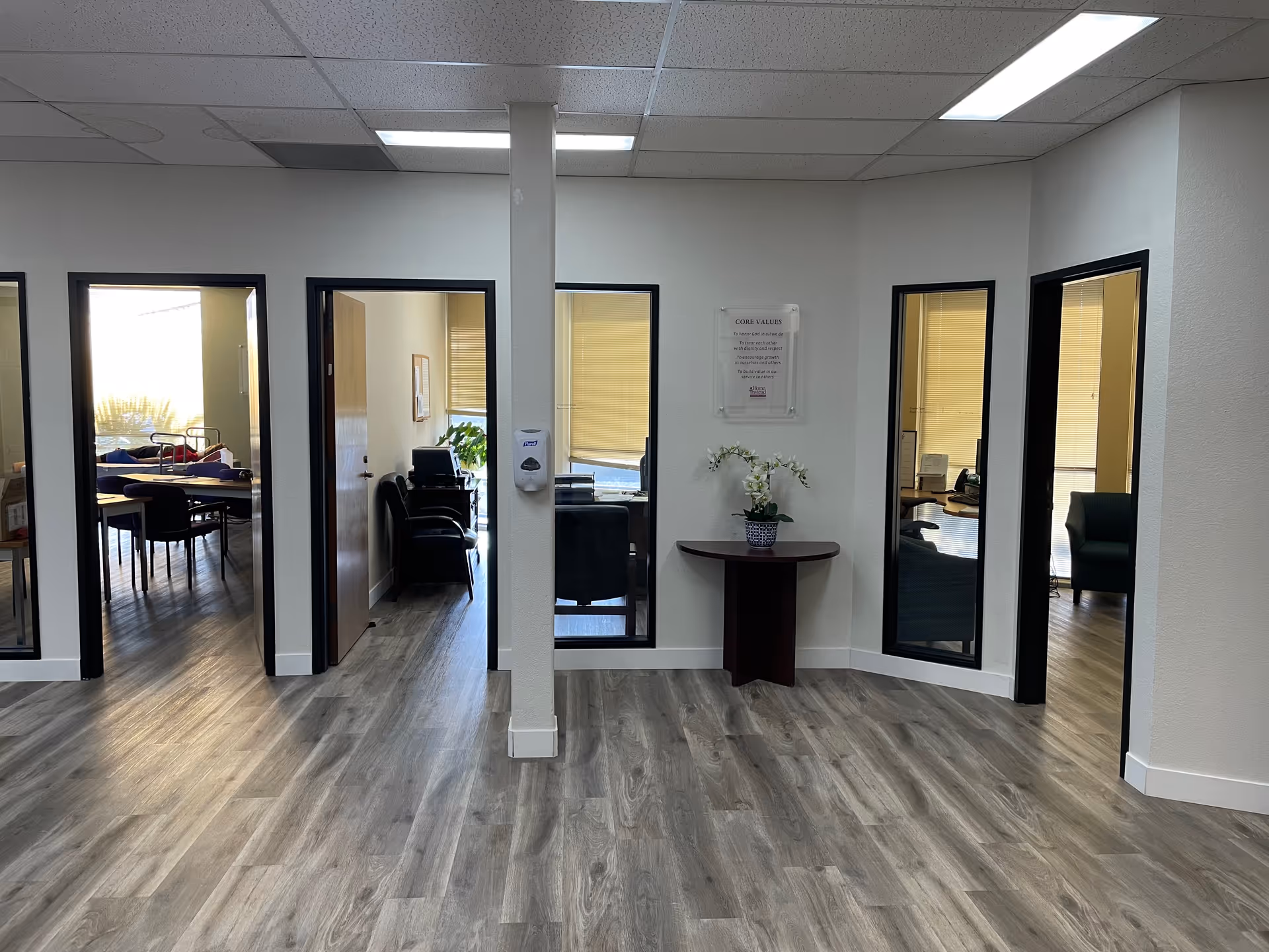 Open interior hallway with doorways to rooms and a small table with a plant.