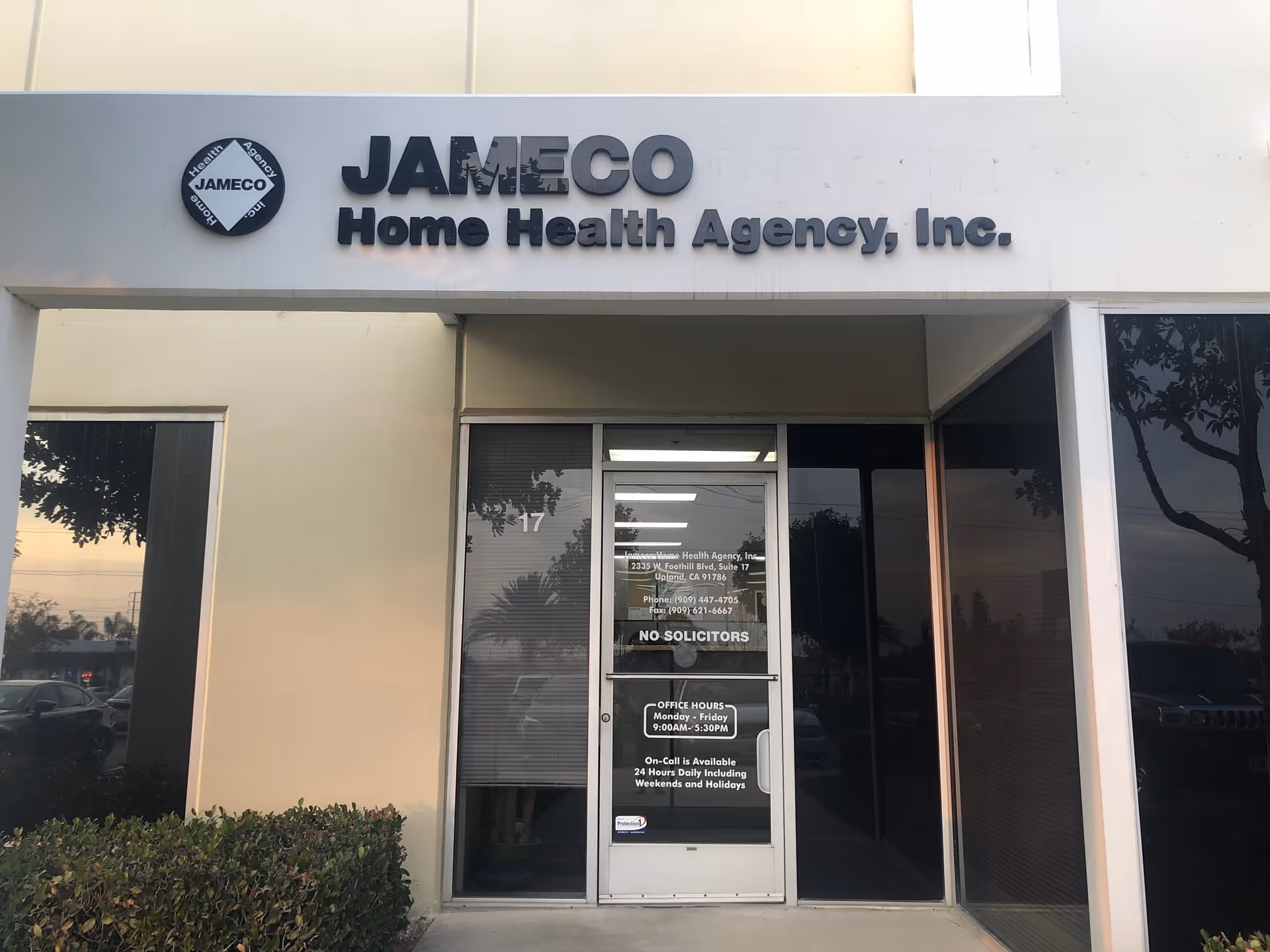 Front exterior of JAMECO Home Health Agency, Inc. storefront with glass entry door