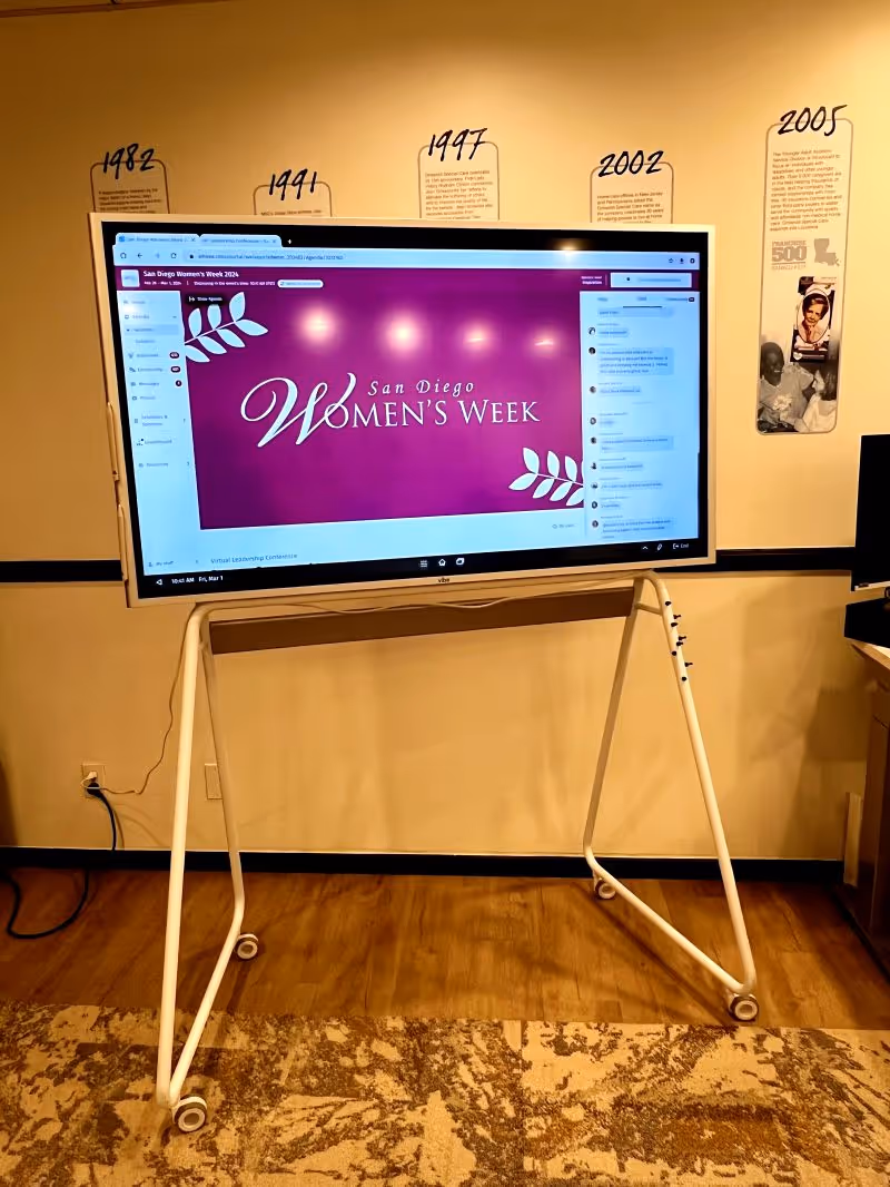 Large interactive screen on a wheeled white stand displaying a pink San Diego Women's Week graphic.