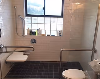 Accessible bathroom with grab bars, a wall-mounted shower seat, and toiletries on the window sill.