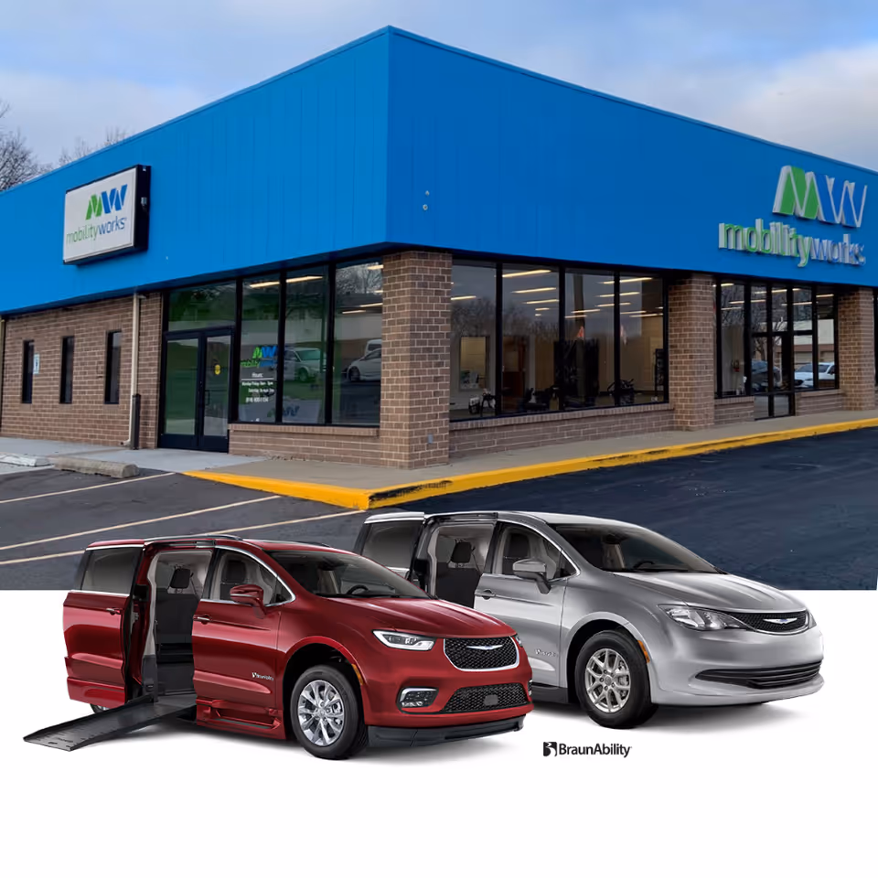 Exterior view of MobilityWorks storefront with blue roof and large glass windows.