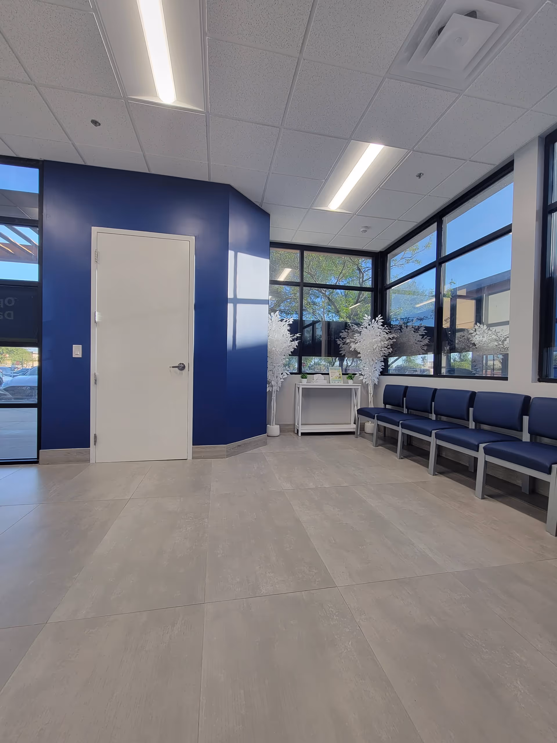 Modern waiting area with blue chairs, large windows, and a white door.