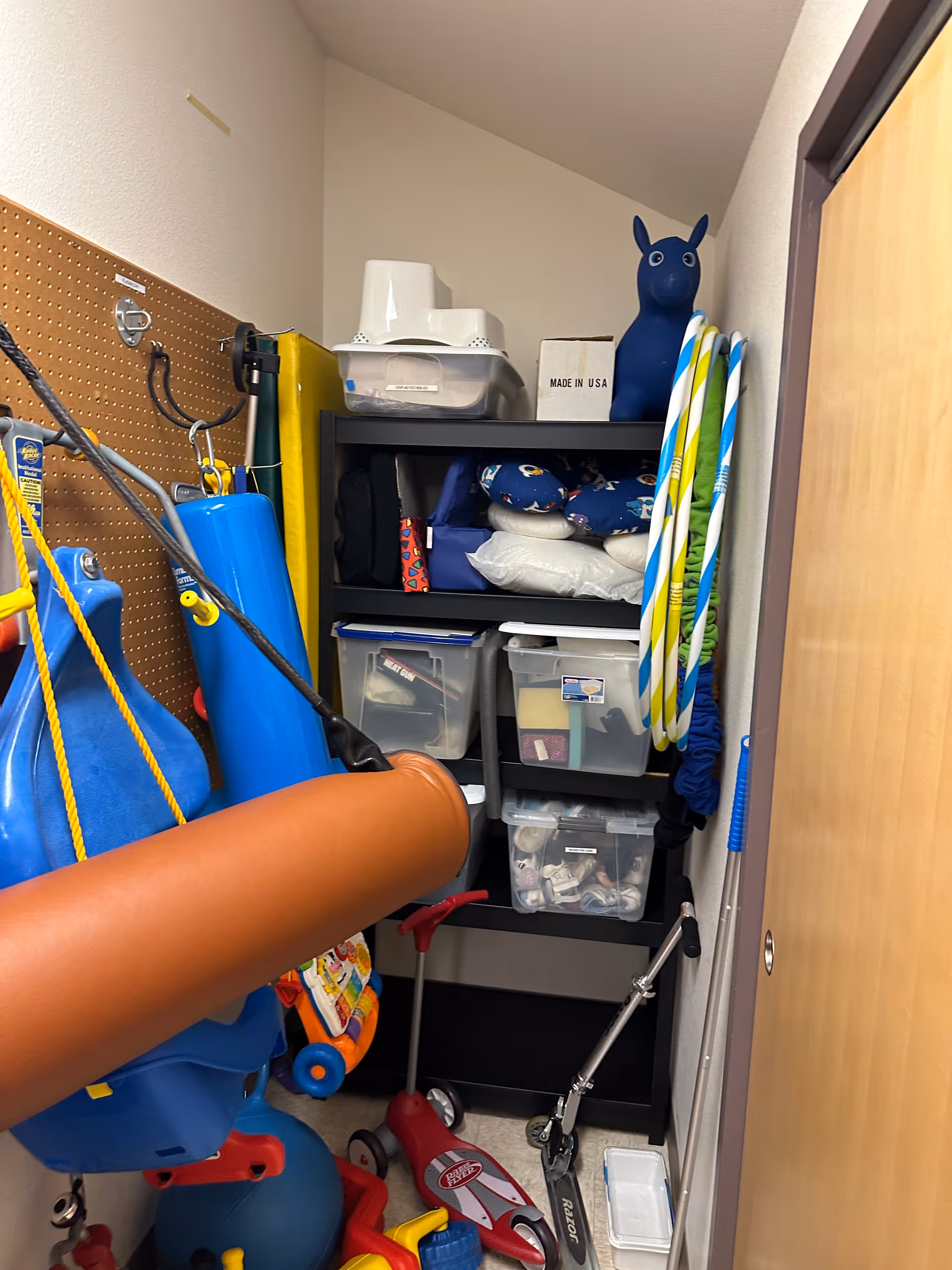 A cluttered storage closet filled with bins, hoses, and cleaning supplies.