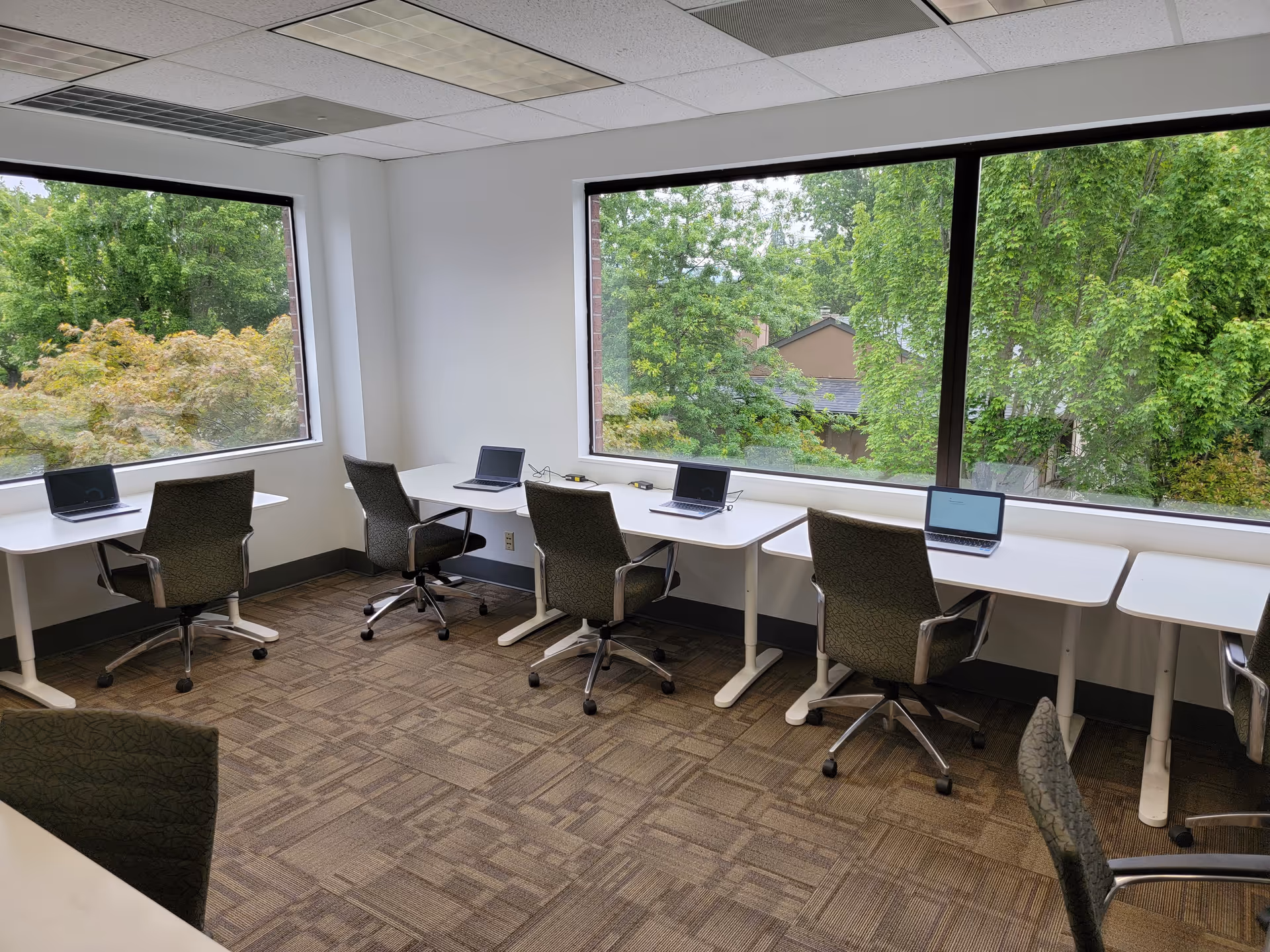 Desks with laptops line large windows overlooking green trees.