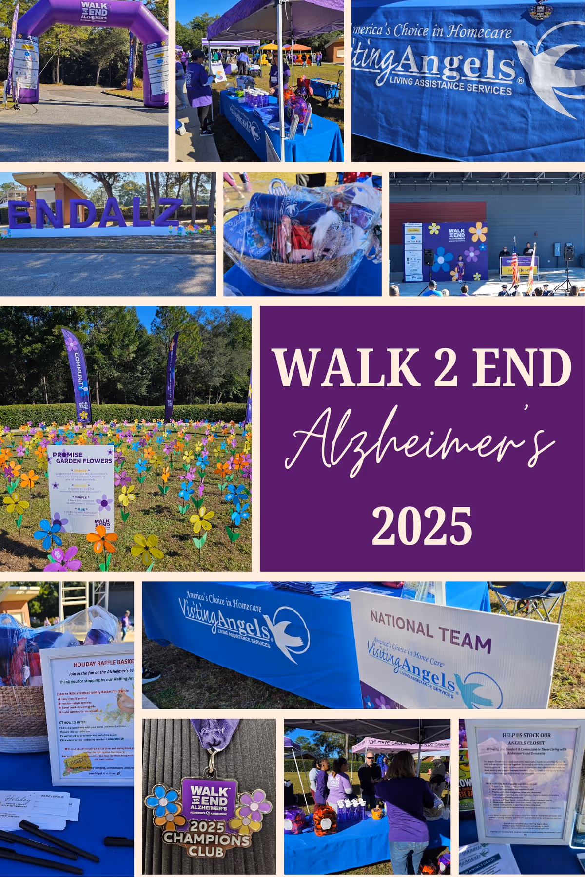 Outdoor charity walk event for Alzheimer's hosted by Visiting Angels with tents and volunteers.