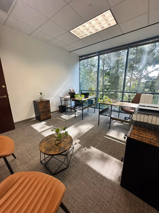 Bright interior workspace with desks, plants, and large windows overlooking trees.