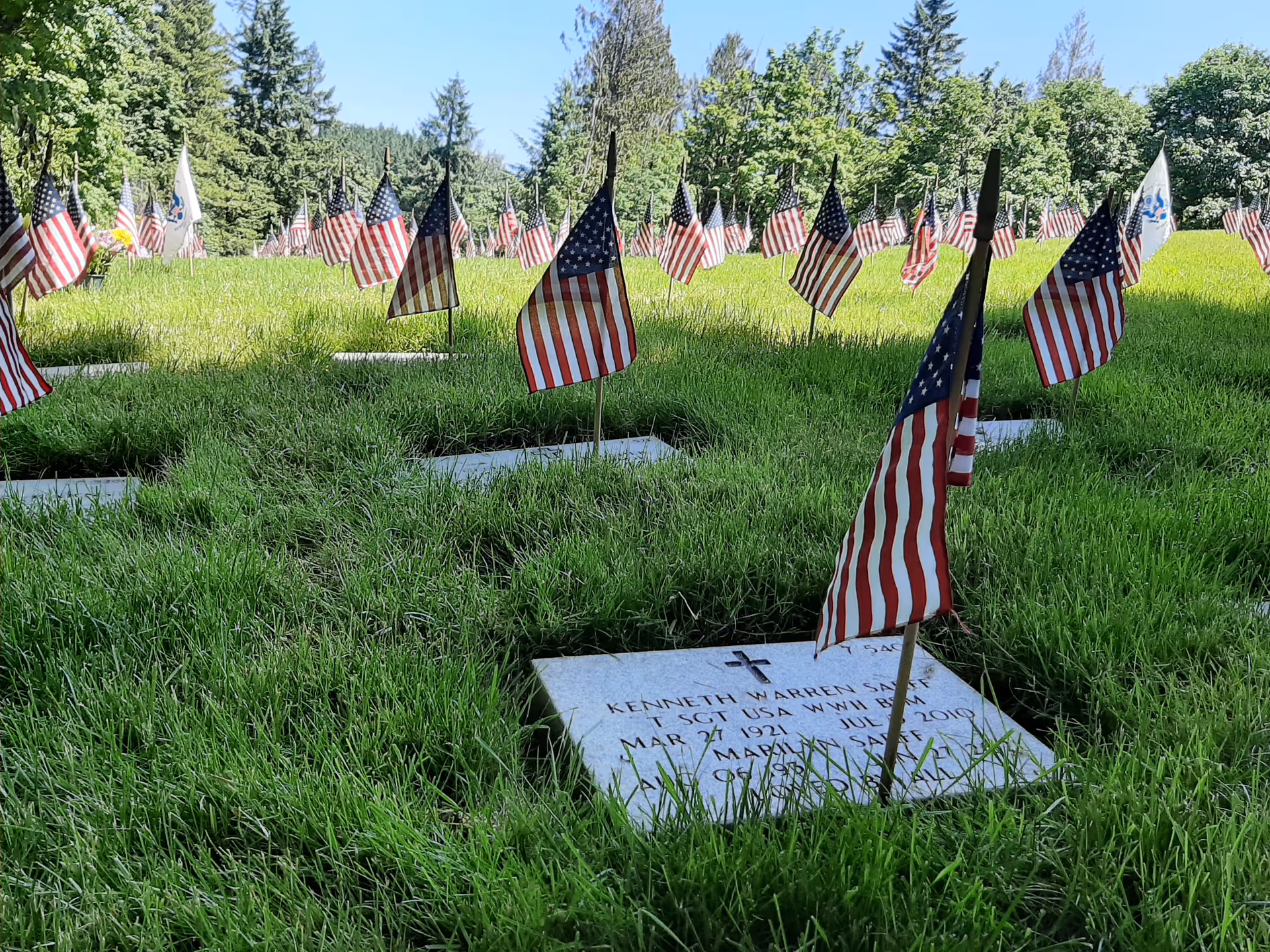 Rows of gravestones in a grassy cemetery, each marked with American flags.
