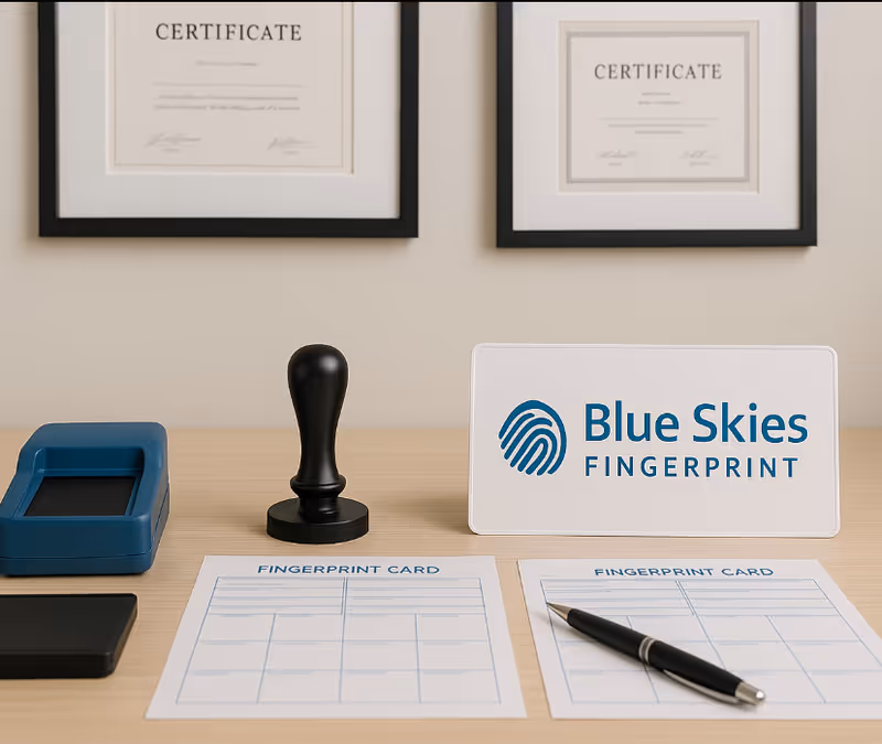 A clean reception desk with fingerprint scanner, forms, and a Blue Skies Fingerprint sign.