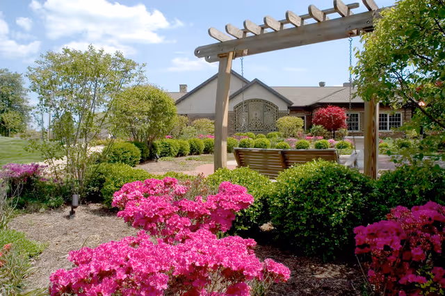 Outdoor garden courtyard with a wooden swing bench among blooming shrubs.